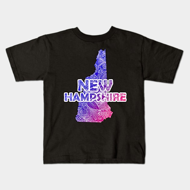 Colorful mandala art map of New Hampshire with text in blue and violet Kids T-Shirt by Happy Citizen